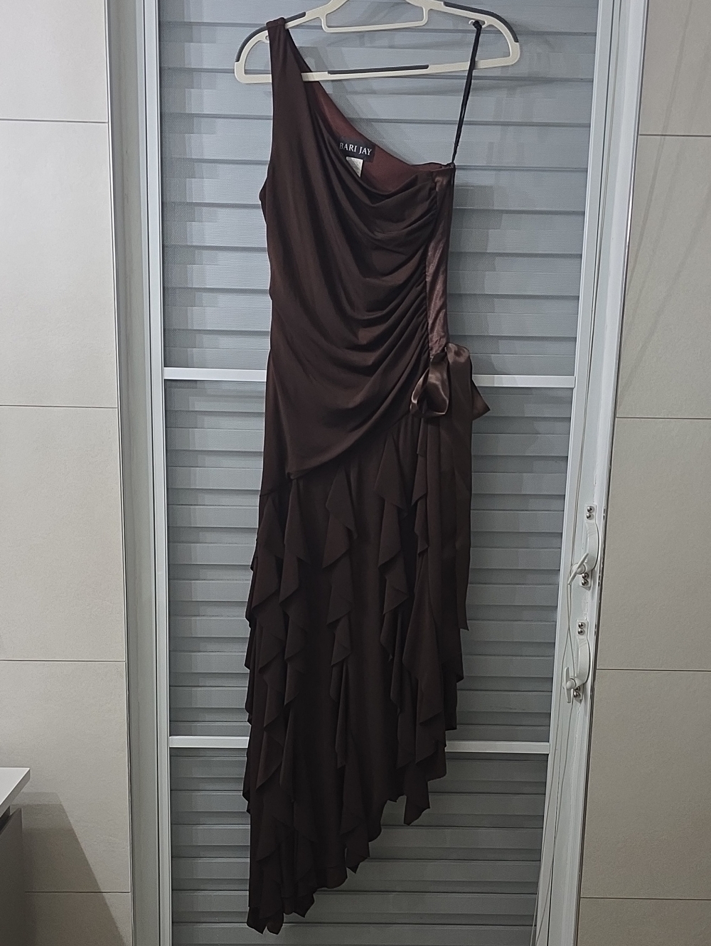 Bari Jay One-Shoulder Chocolate Brown Ruffled Evening Gown